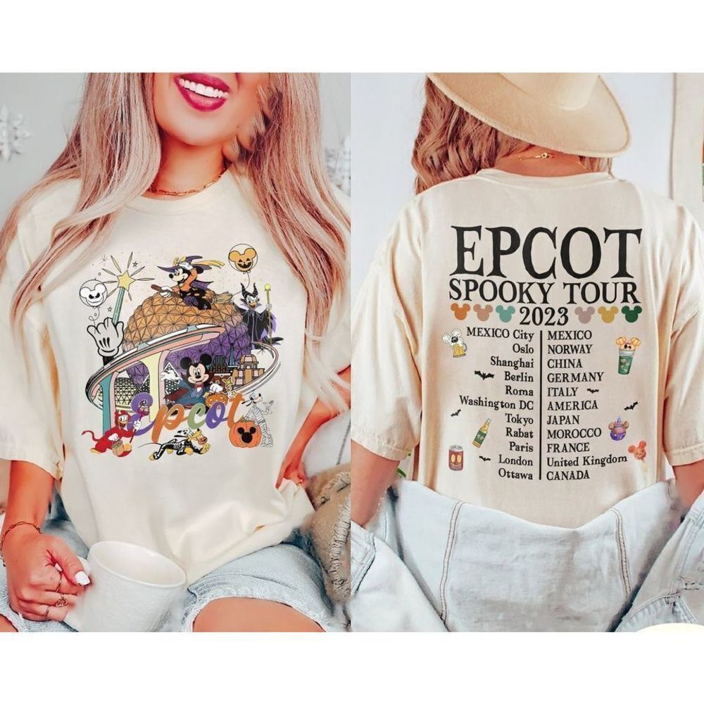 Disney Epcot Halloween Colorful Graphic Fan 2 Sided T-Shirt - Picture 1 of 4